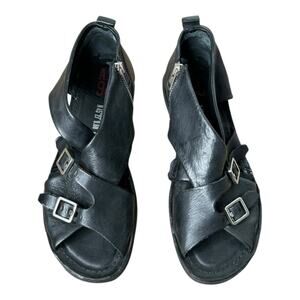 A.S.98 Riggs Dual Buckle Flat Sandals Side Zip Black Size 41 US 9.5-10